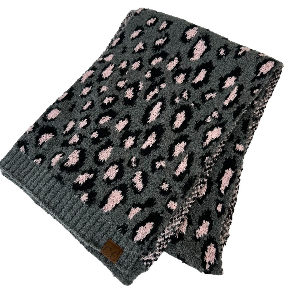 C.C Leopard Animal Cheetah Print Warm Long Oblong Scarf, Gray And Pink